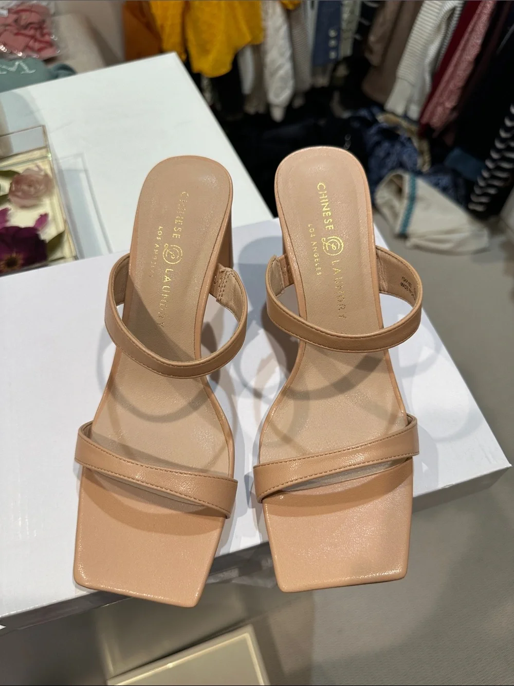 Chinese Laundry Tan Square-Toe Strappy Block Heel Mule